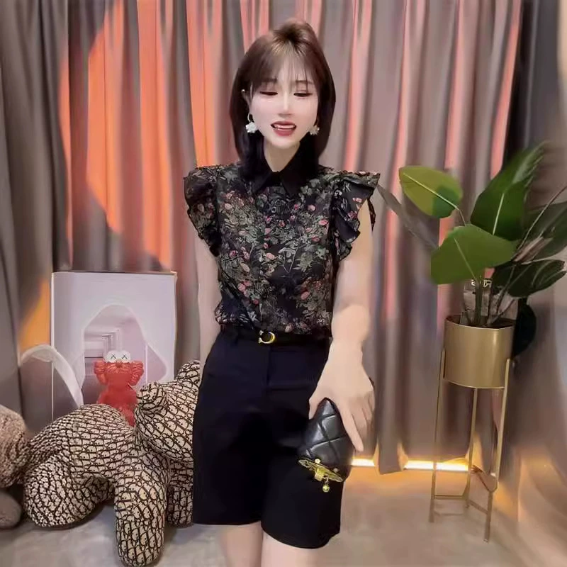 Европейские ретро-цветочные рубашки супер-сказочные шифоновые рубашки женские летние новые тонкие, покрывающие мясные тенденции, дикие топы высокого уровня