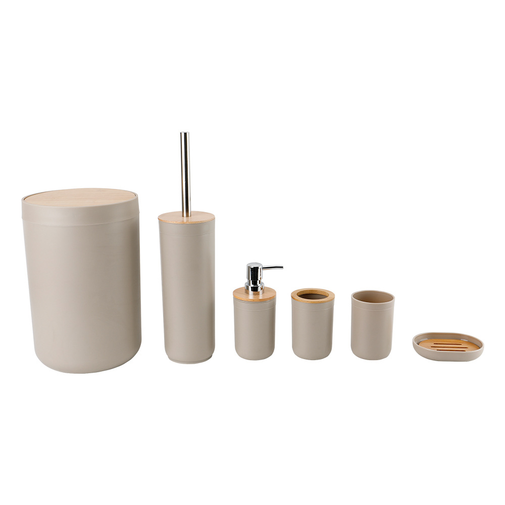 Bambú cubierta de lavado de baño de plástico conjunto de seis piezas de fábrica al por mayor estante de almacenamiento de baño cepillo de dientes titular de seis piezas conjunto