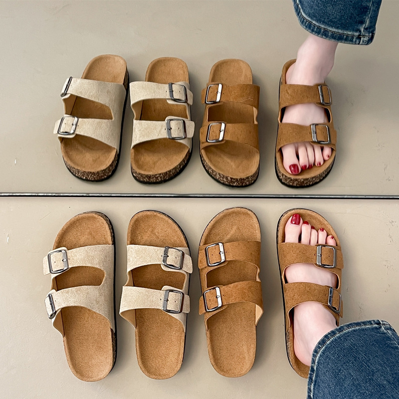 Birkenstock Shoes for Women Spring and Summer Cross-Border New Thick-Soled Outer Wear Slip-On Cork Sole Double-Breasted Two-Word Sandals for Women