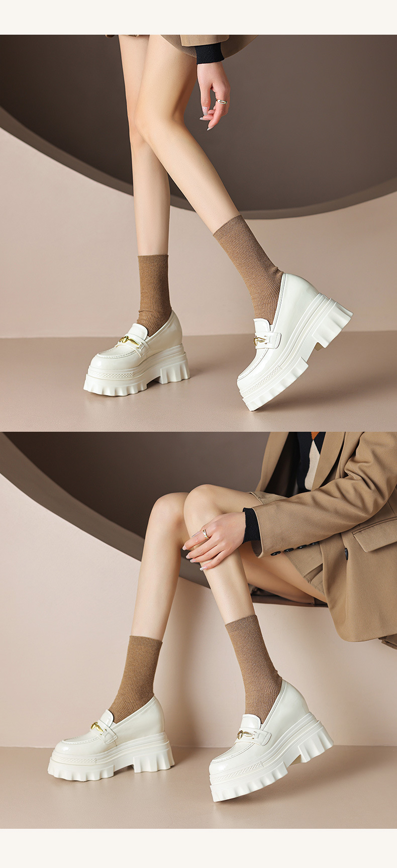 Giày loafer nữ đế xuồng cao gót 9 cm, mũi tròn, da bóng, tăng chiều cao — màu đen chi tiết 9