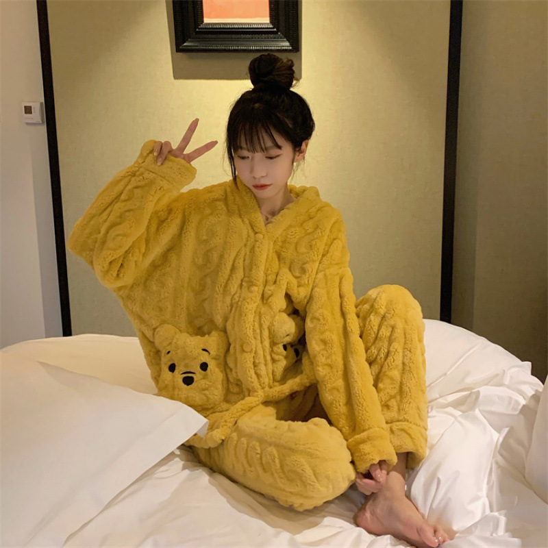 [반 시즌 스트레이트 다운] 산호 양털 파자마 여성은 가을과 겨울 플란넬 봄 홈 의류 세트 착용 가능