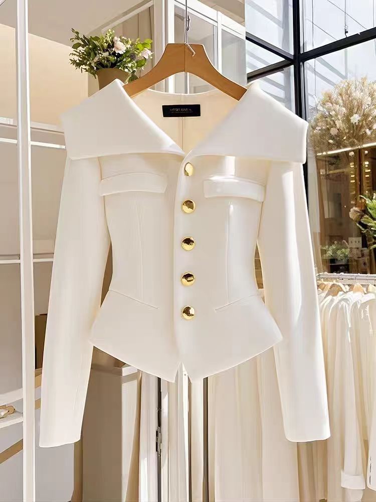 Roupas femininas Temperamento Casaco de cintura branca Único e bonito Tops formais profissionais de alta qualidade_voghion.com