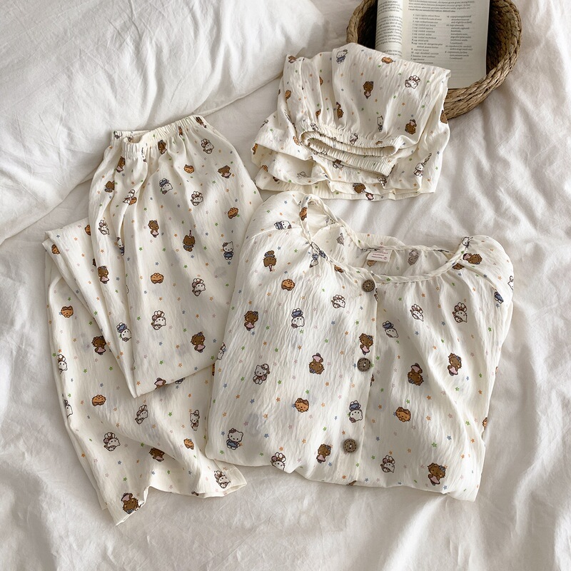 Ins Japanese-Style Cute Kt Cat Cloud Cotton Pajamas Women's Three-Piece Set Summer Round Neck Sweet Outerwear Loungewear Set Ins Japanese-Style Cute Kt Cat Cloud Cotton Pajamas Women's Three-Piece Set Summer Round Neck Sweet Outerwear Loungewear Set