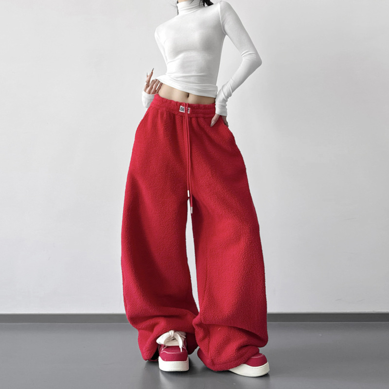 2025 Winter New Thickened Fleece Wide-Leg Women's High-Waisted Slimming Red Casual Jogger Fleece-Lined Sweatpants