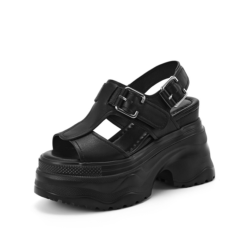 Sandal cao gót nữ đế xuồng 12 cm hở mũi phong cách La Mã — màu đen, màu trắng ngà