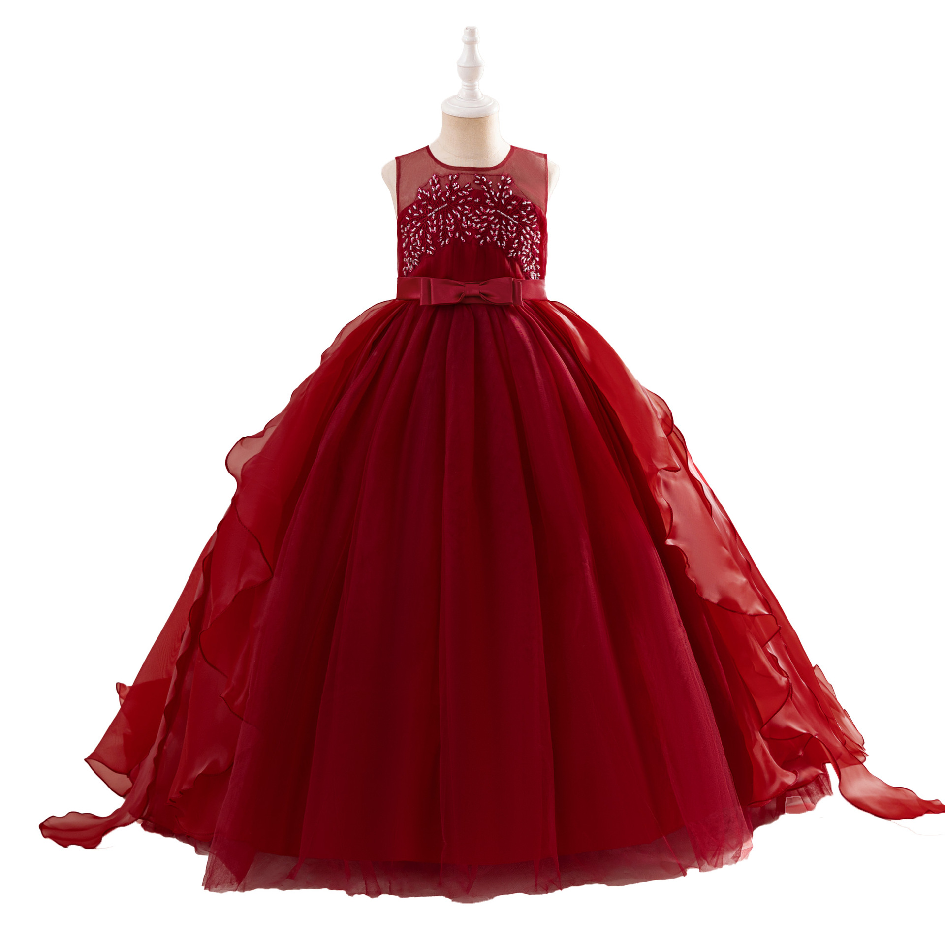 Vestido de princesa para niñas, vestido para actuación de piano, vestido de gasa con cola, vestido sin mangas con cuentas, vestido de pasarela para niñas