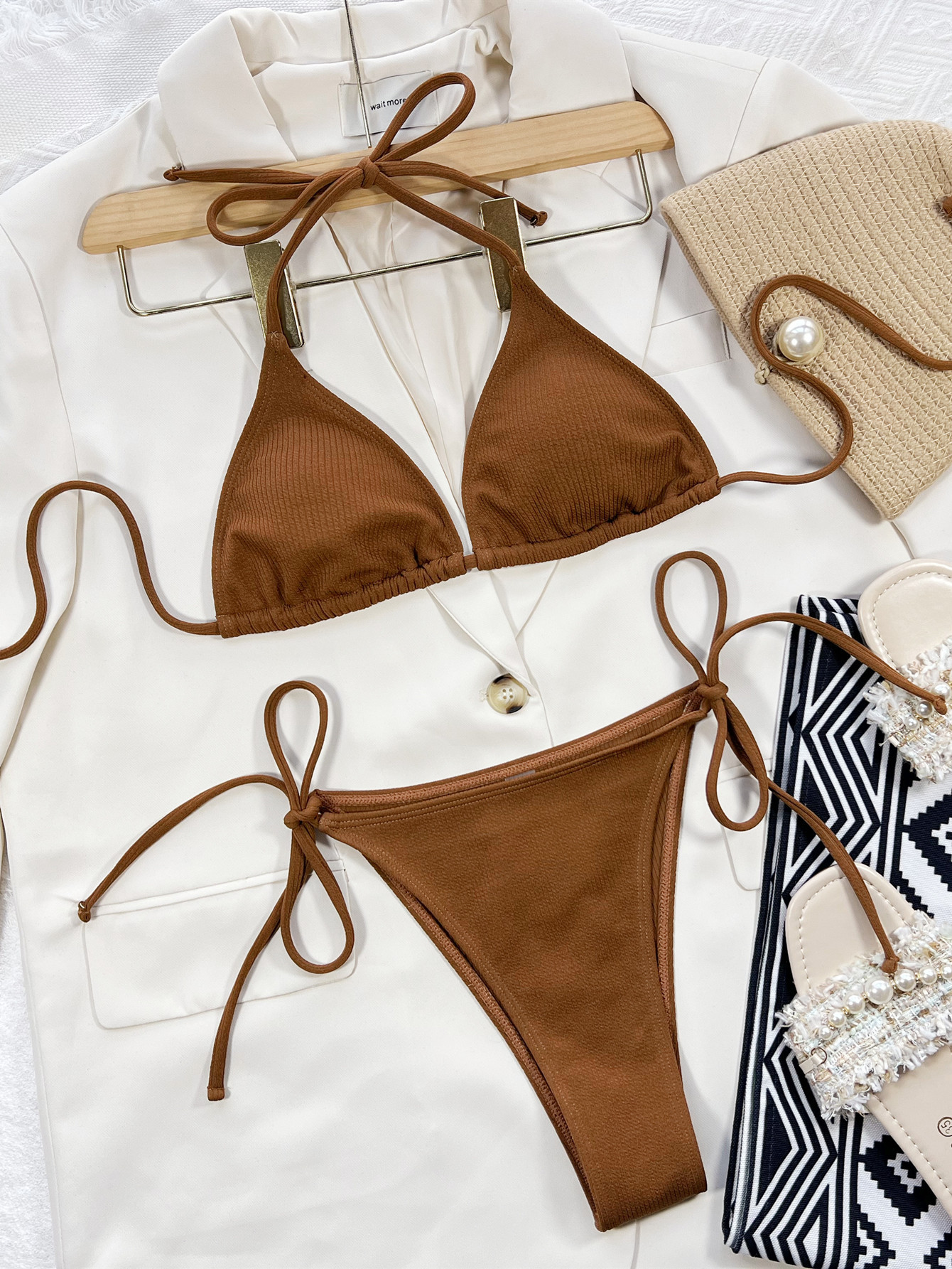 Solid Color Pit Stripe Lace Up Bikini NSDA114158