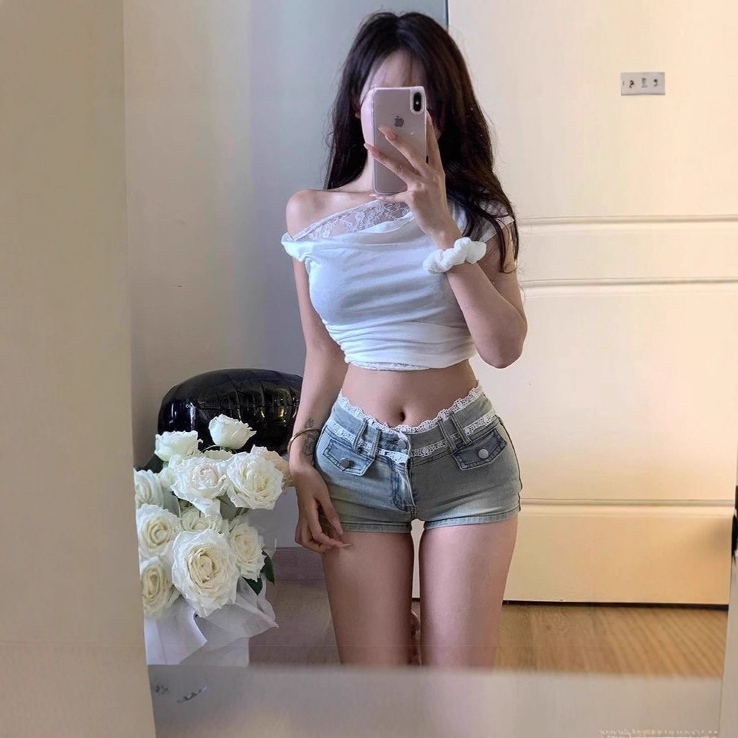 小个子蕾丝低腰牛仔短裤性女显瘦美式新款辣妹紧身包臀超短热裤子