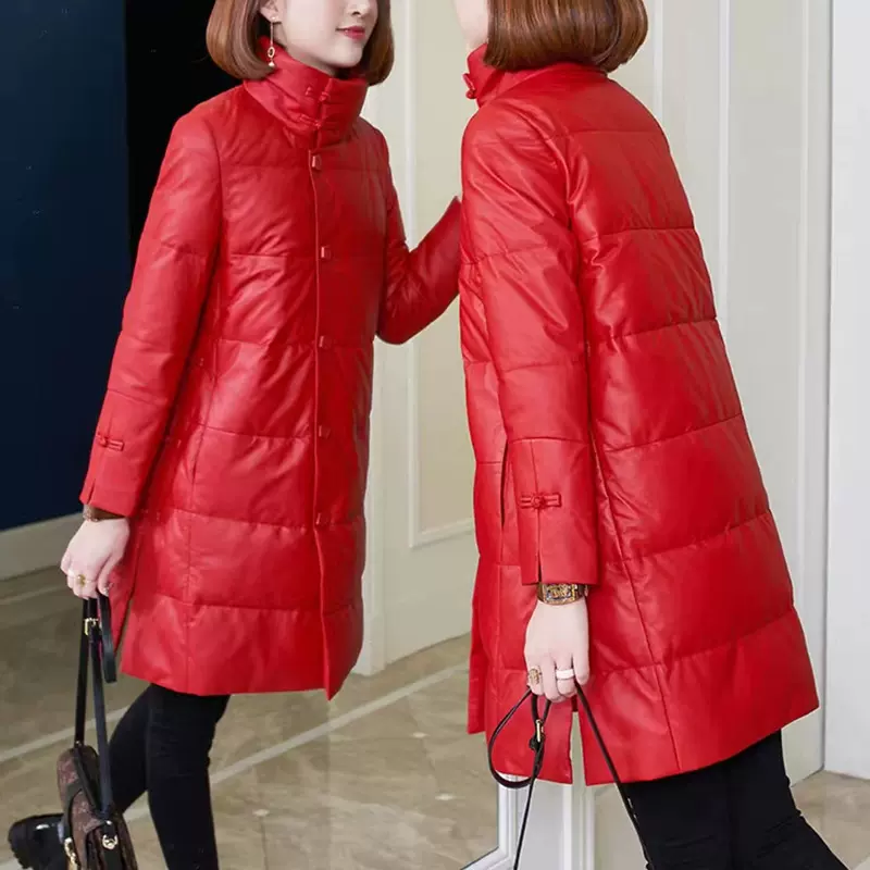 绵羊皮羽绒服女中长款修身外套2024冬新款中国风海宁真皮皮衣加厚