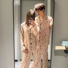 2025春季新款邪恶KT仿真丝睡衣女翻领冰丝休闲舒适情侣家居服男