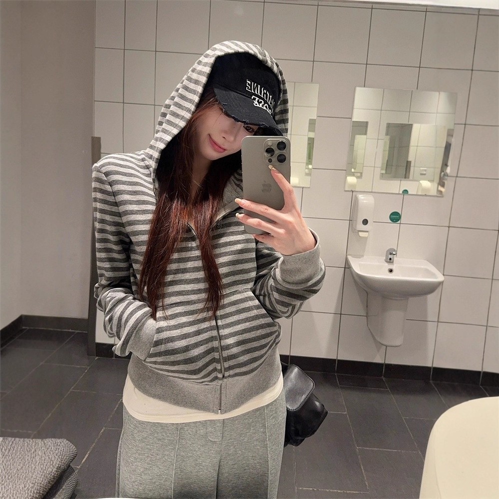 Korean Style Velvet Gray Stripesd Hooded Sweatshirt Jacket For Women...