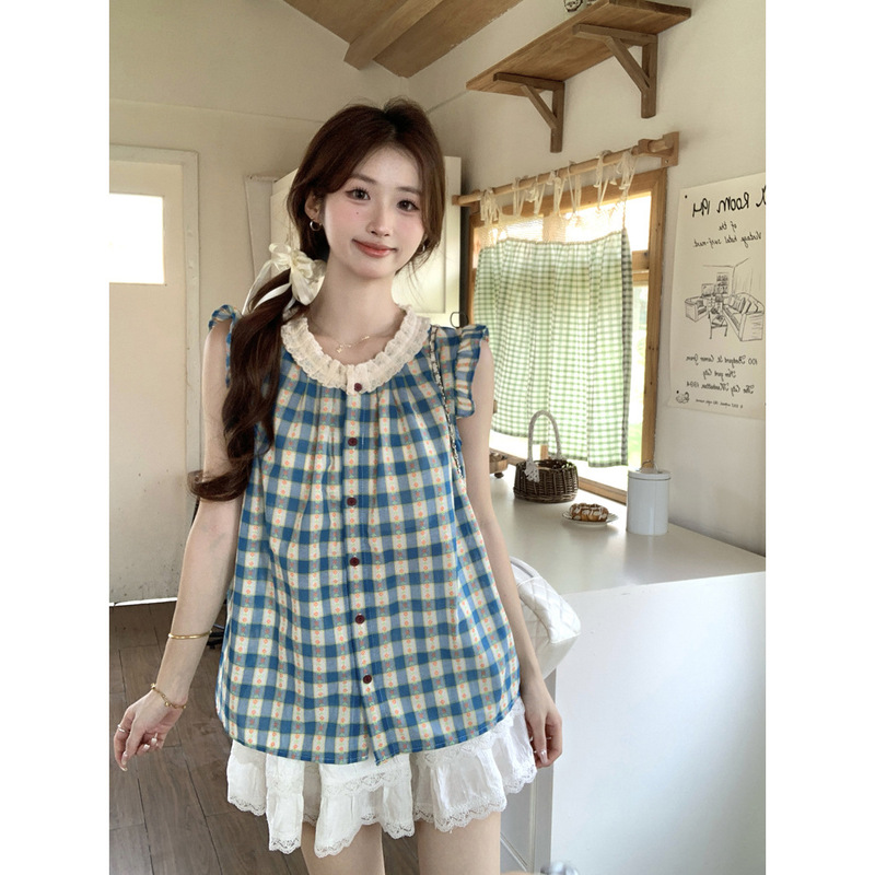 Korean Sweet Floral Lace Splicing Vest Shirt for Women 2025 Summer French Small Flying Sleeve Plaid Waistcoat Top