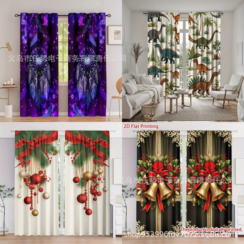JIT代发Y2半托数码印花圣诞节窗帘 涤纶材质适用客厅卧室一件起订
