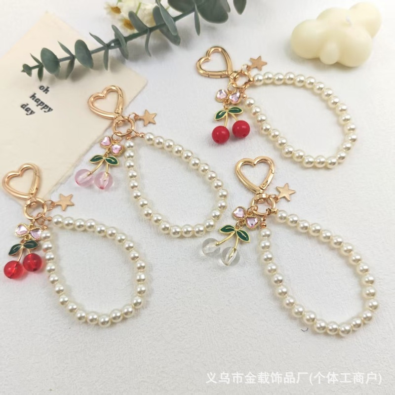 韩版ins珍珠蝴蝶结钥匙扣 少女樱桃树脂精致包包挂件汽车挂饰现货|undefined