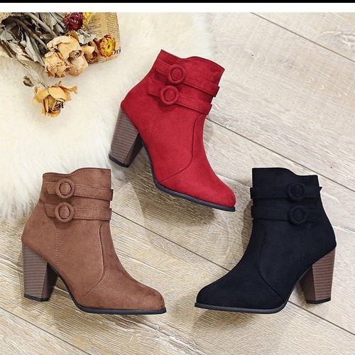 Women's European and American-style suede short boots with side zip, featuring faux short-pile plush material, mid-heel, chunky heel, and rubber pointed toe—perfect for fashion-forward looks.