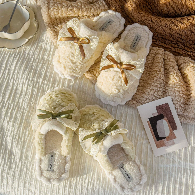 Новые хлопковые домашние тапочки с кружевным бантом в корейском стиле, в стиле феи, зимние хлопковые тапочки для мужчин и женщин, парные.