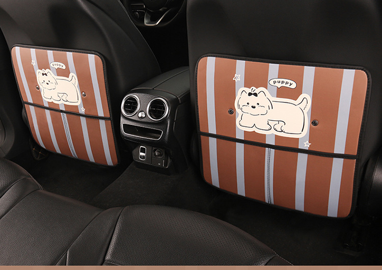 Cute Striped Puppy Car Seat Back Anti-Kick Pad for Rear Seats, Anti-Dirt and Anti-Stain Pad with Storage Pocket