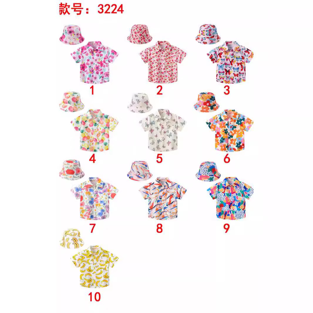 夏新款女童中小童韩版百搭印花休闲短袖衬衫+同色系帽子童装批发