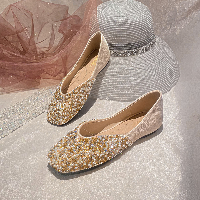 Hidden Heel Shallow Mouth Pointed Toe Flat Soft Sole Women's Shoes With Rhinestones And Pearls, Youthful Style,_vogvips.com
