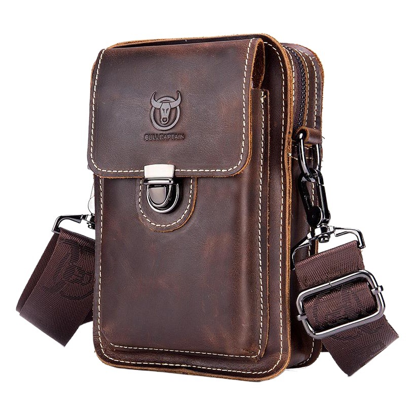 Crazy Horse Leather Men's Genuine Leather Casual Belt Mobile Phone Waist Bag Top Layer Cowhide Multi-Functional Shoulder Crossbody Mobile Phone Bag