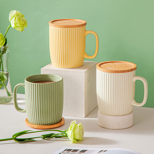 Color glazed ceramic vertical pattern mug, fresh and simple vertical pattern breakfast cup with lid, office coffee cup and water cup