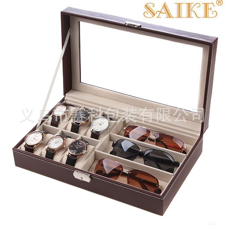 现货供应啡色6表+3眼镜手表眼镜收纳展示盒手表眼镜盒多用途收纳