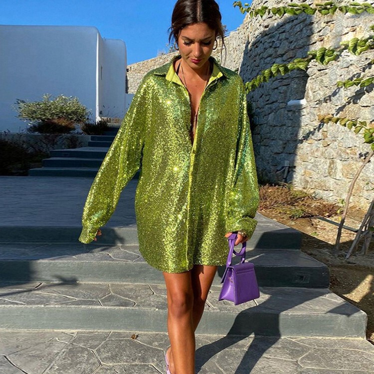 Factory spot wholesale women's cross-border European and American wind sparkling beads long sleeve loose large size long sequined shirt Factory spot wholesale women's cross-border European and American wind sparkling beads long sleeve loose large size long sequined shirt