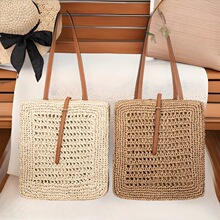 新款时尚镂空纸绳编织包简约大容量单肩草编包小众百搭沙滩包女包