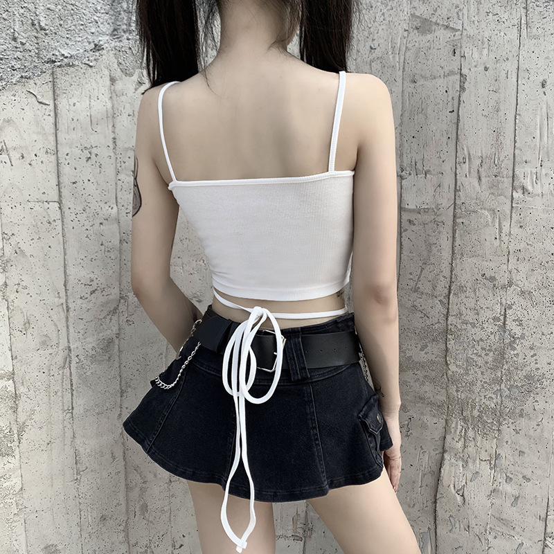 2023外贸暗黑风性感紧身露背露脐吊带女ins系带绣花上衣女潮-阿里巴巴