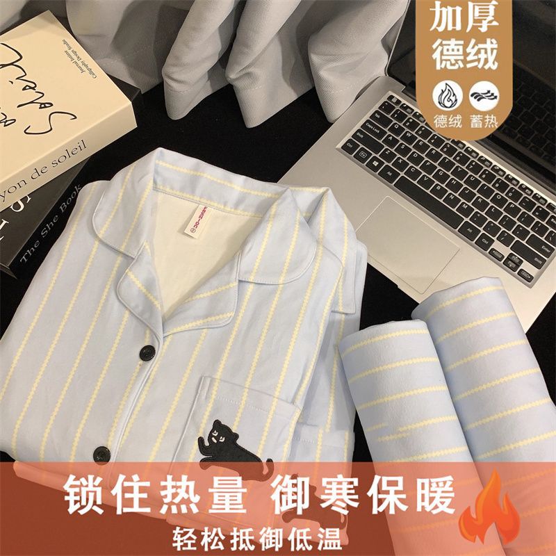 Little Cat De Velvet Men's Pajamas Autumn and Winter 2025 New Coral Velvet Plus Velvet Thickened Winter Men's Home Clothing Set