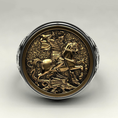 Anello uomo san giorgio ritratto drago design bicolore_voghion.com