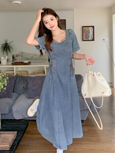 plus size Women's French Short-sleeved dress Women's Summer Tight Waist Slimming Denim Skirt chubby girl Pear-shaped Figure Long Skirt