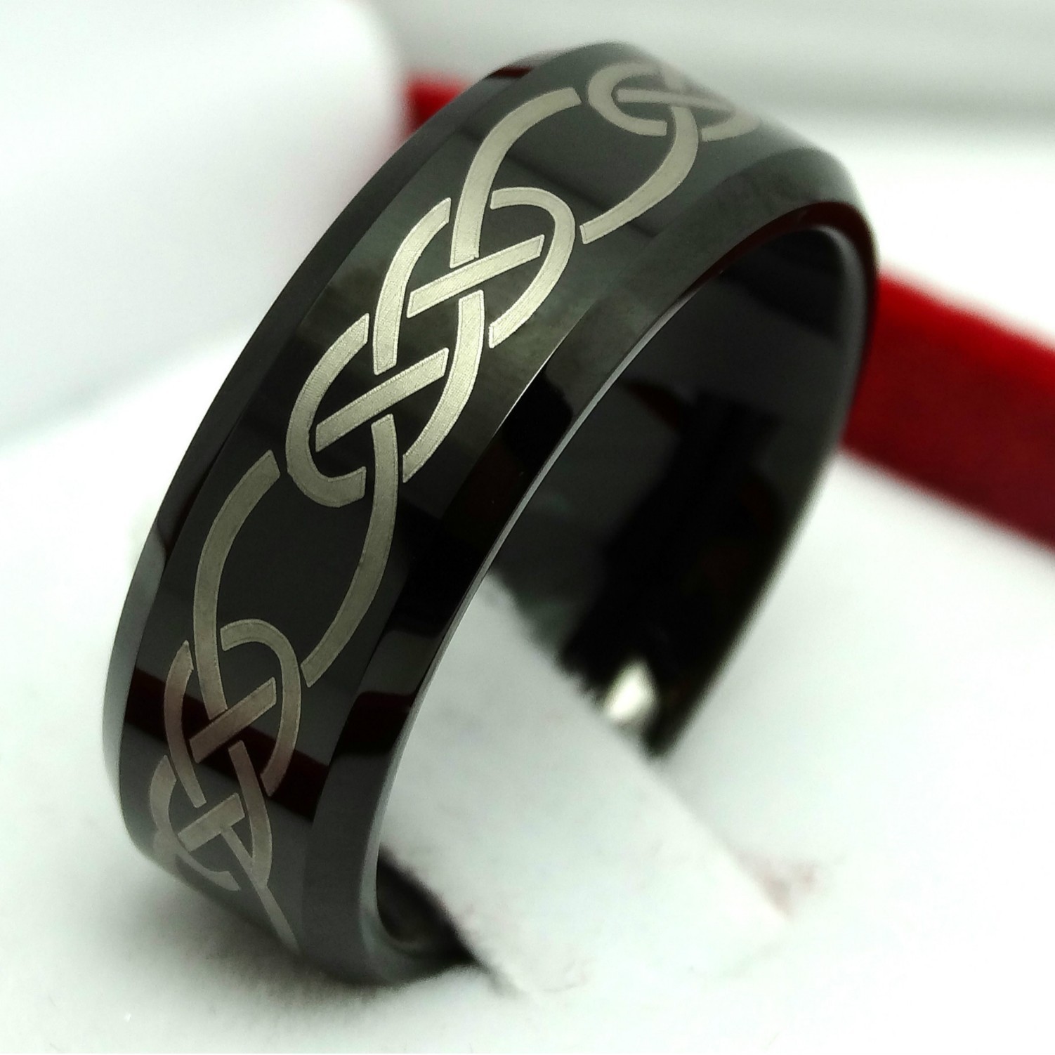 men's Stackable Rings Tungsten Steel Ring With Electro-blackened Beveled Edges And Laser-engraved Interlocking Lock Pattern, Men's Trendy_voghion.com
