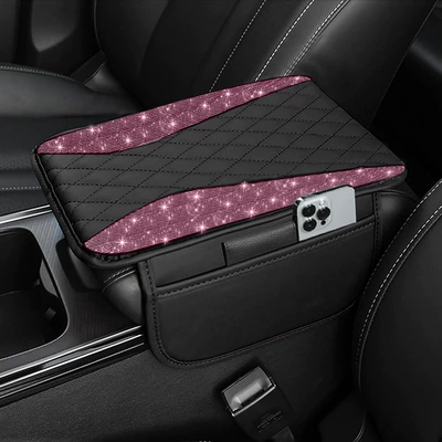 Manufacturer Shiny Diamond Car Armrest Box Pad Crystal Rhinestone with Side Pocket Interior Central Leather Elbow Protector Cover (Armrest box) - angel-wings-rhinestones-pink