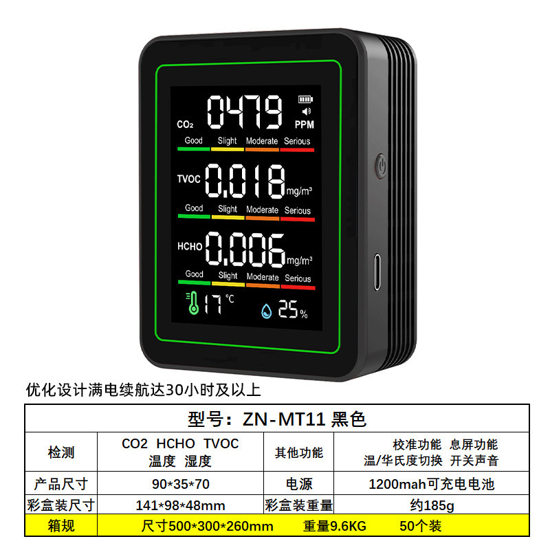 国境を越えたWiFi赤外線5in1空気検知器、30時間以上のバッテリー持続時間、ホルムアルデヒド検知、二酸化炭素、TVOC、温度、湿度|undefined