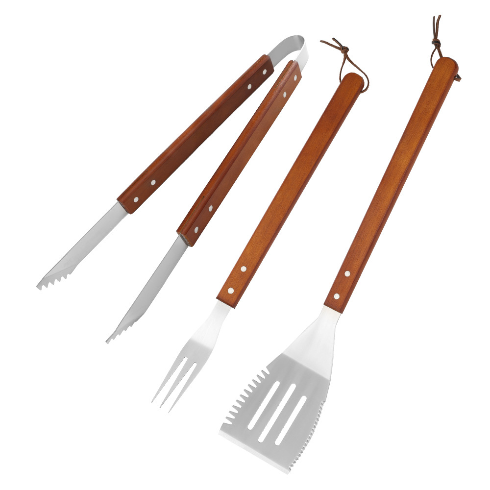 Amazon Hot sale acero inoxidable parrilla al aire libre mango de madera parrilla set BBQ alargada parrilla set combinado
