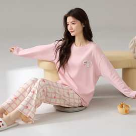 新款2024年春秋款睡衣女款长袖仿棉休闲韩版可外穿秋季家居服套装