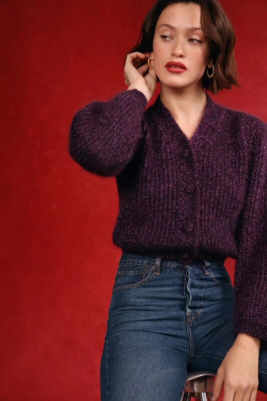 Knitted Knitwear French Ro24 Autumn and Winter New Design Metal Sequin Mohair Knitted Long-Sleeved Cardigan Top