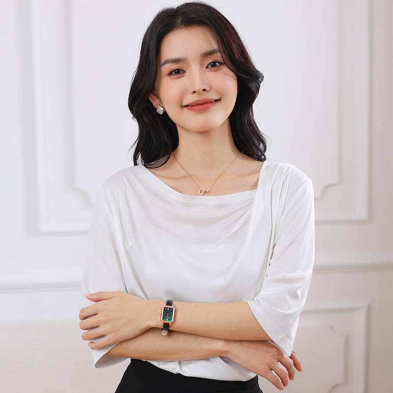 2026 Spring/Summer Collection: Simple and Elegant Women's T-Shirt with Irregular Collar in Triacetate, Tencel Mid-Neck for Summer
