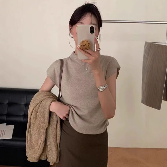 Korean French Slim Fit Short Knitted Top for Spring 2025 Half-High Collar Short-Sleeved T-Shirt for Women with Base Fir