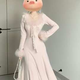新品亚马逊欧美甜美蕾丝连衣裙女冬千金穿搭内搭鱼尾裙收腰长裙子