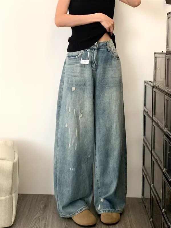 女性用ハイウエストリップドデニムワイドレッグパンツ、プラスサイズ、太いmm、秋のデザイン、ヒップカバー、痩身、ウォッシュドフロアレングスストレートパンツ|undefined