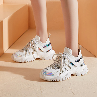 2021夏新款镂空透气重工老爹鞋女米白飞织厚底运动鞋潮RQC20959UP