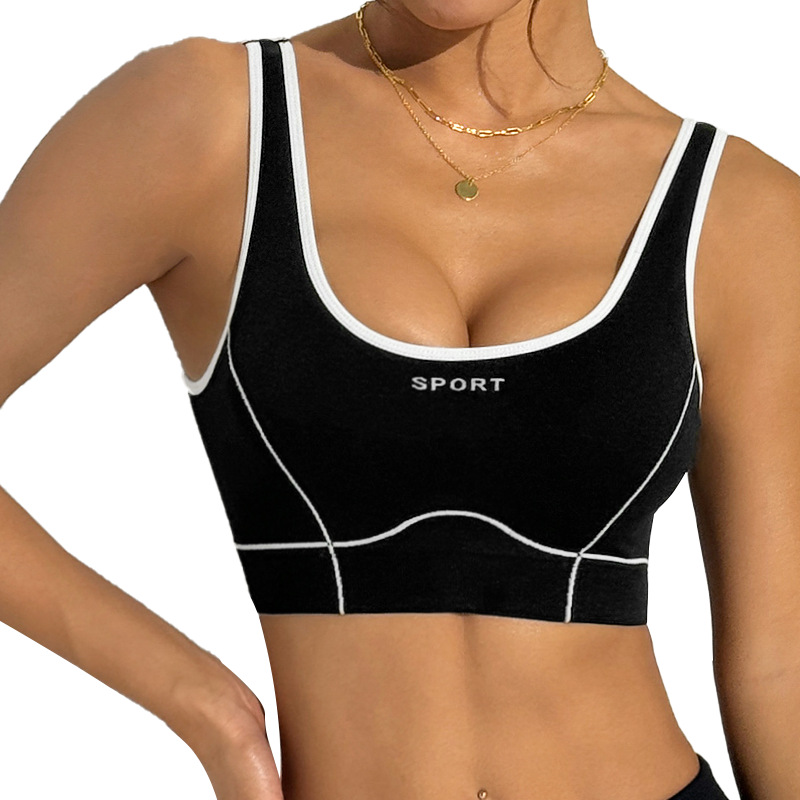 Ropa interior deportiva ajustada de color en contraste desnudo europeo y americano Sujetador de yoga con espalda hermosa en forma de U