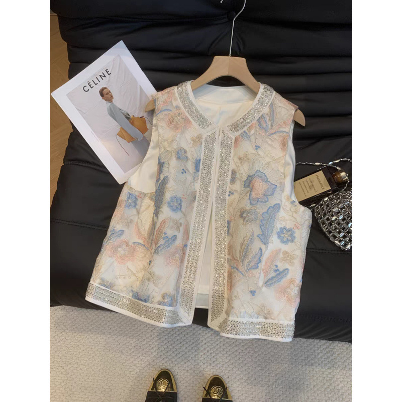 2025 春の新スタイル中国風重工業ビーズベストベストジャケット女性の刺繍ジャカードチョッキトップ|undefined