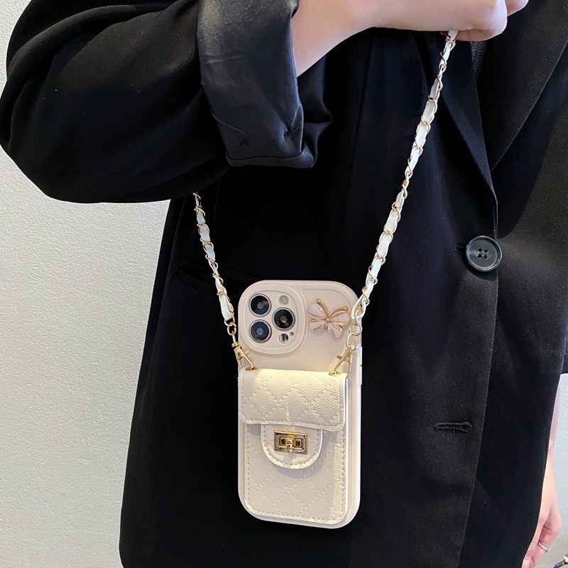 Rhombic estilo Chanel para Apple 15 teléfono caso titular de la tarjeta iPhone14 crossbody cuerda 13PROMAX silicona suave caso