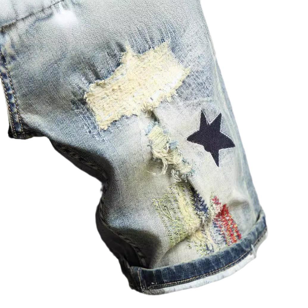 Летние тонкие вышитые винтажные джинсовые шорты мужской европейский и американский ветер эластичные тонкие укороченные брюки индивидуальность 5 очков