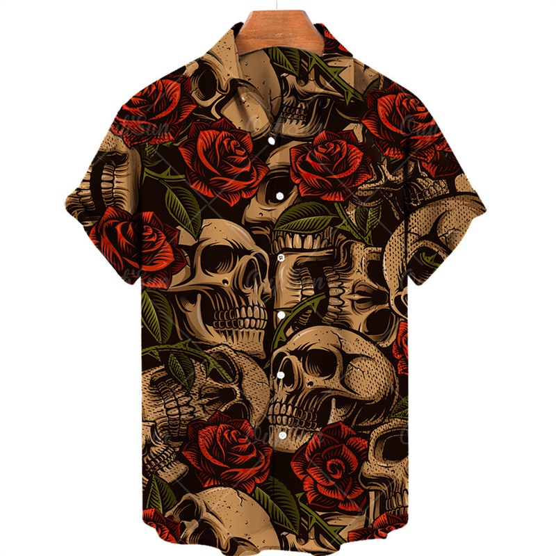 Stepping into E-Commerce Foreign Trade Europe and the United States Hot Selling Explosions Skull Pattern Printing Hawaii Beach Holiday Short Men's Shirt