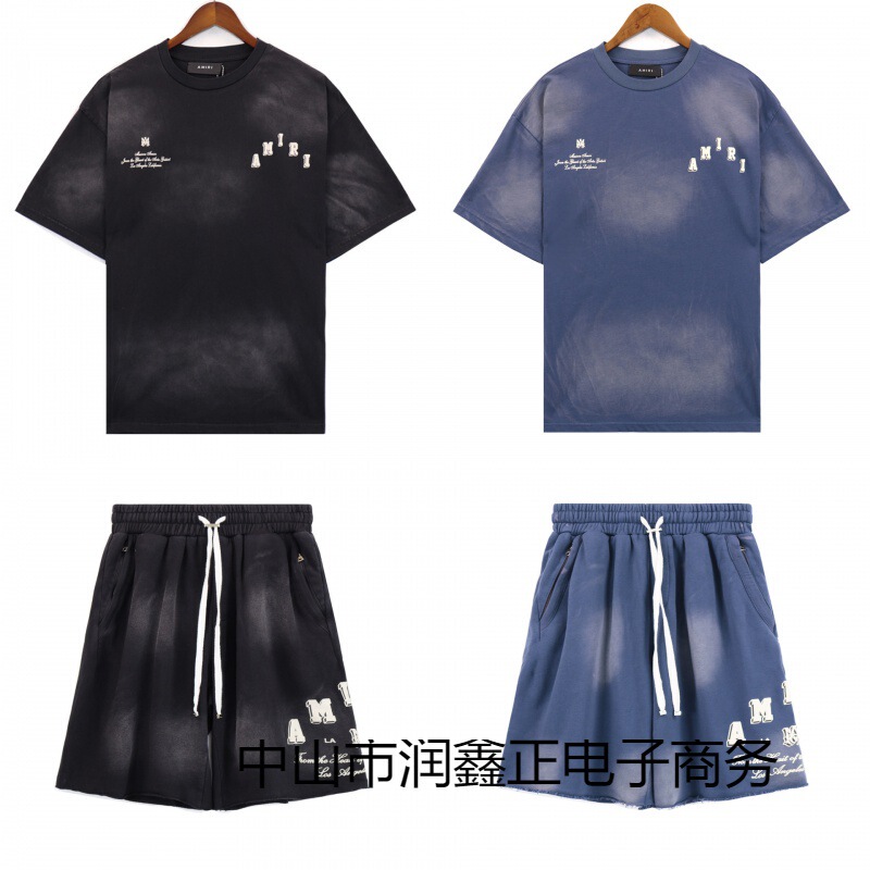 A generation of hair AMIRI trend pants letter printing wash black blue shorts T-shirt men's summer suit