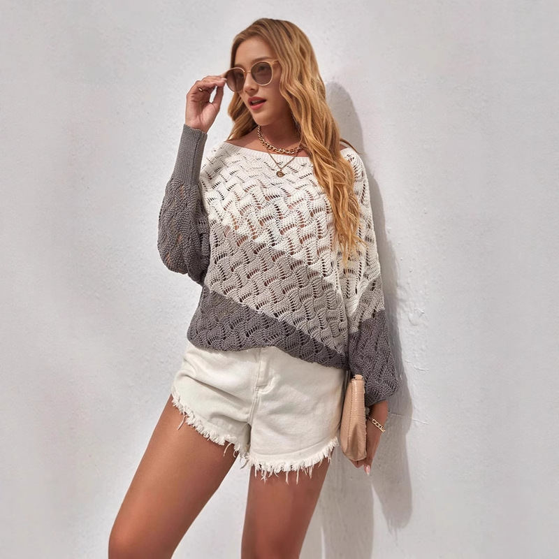 One-Line Collar Color-Blocked Gradient Sweater for Women, New Spring and Autumn Style, Breathable Hollow-Out Design, Lazy Vacation Style, Bohemian Style 070